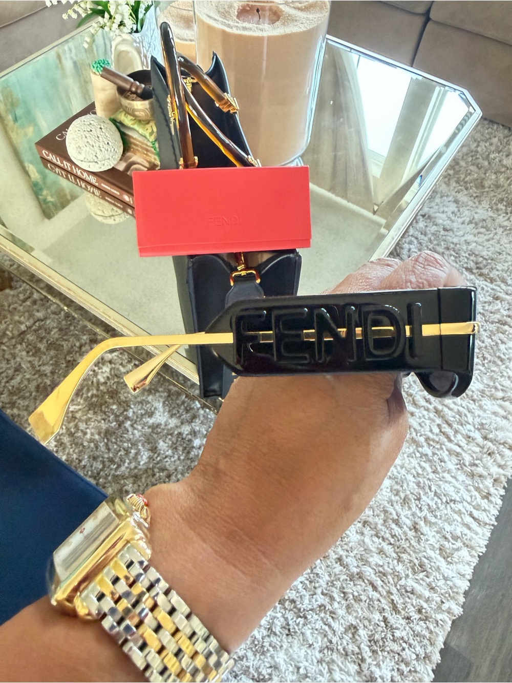 Fendi Black and Gold Logo Shield Sunglasses